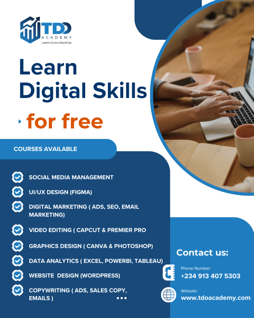 Free digital skills training flyer by TDO Academy featuring online learning in social media, web design, digital marketing, and data analytics. Click here to join.